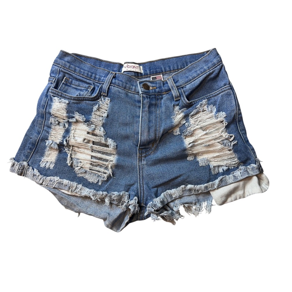 Vibrant Denim Shorts Womens Large Blue‎ S1062 Distressed High Waist Frayed Hem